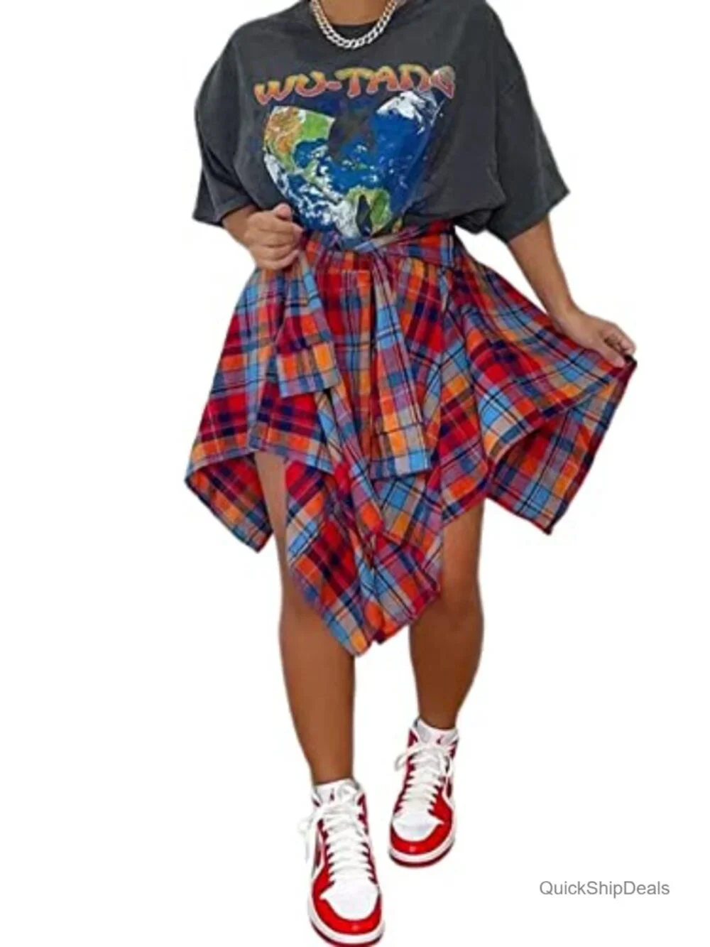 Plaid Skort High Waisted Tie Front Pleated Asymmetrical Skirt with Shorts